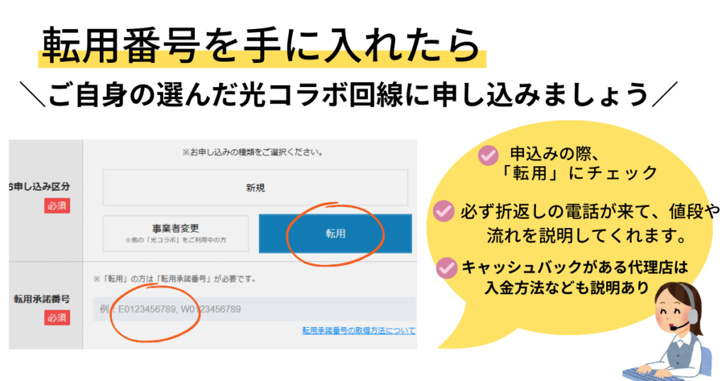 転用承諾番号を手に入れたらご自身の選んだ光コラボに申込みしよう